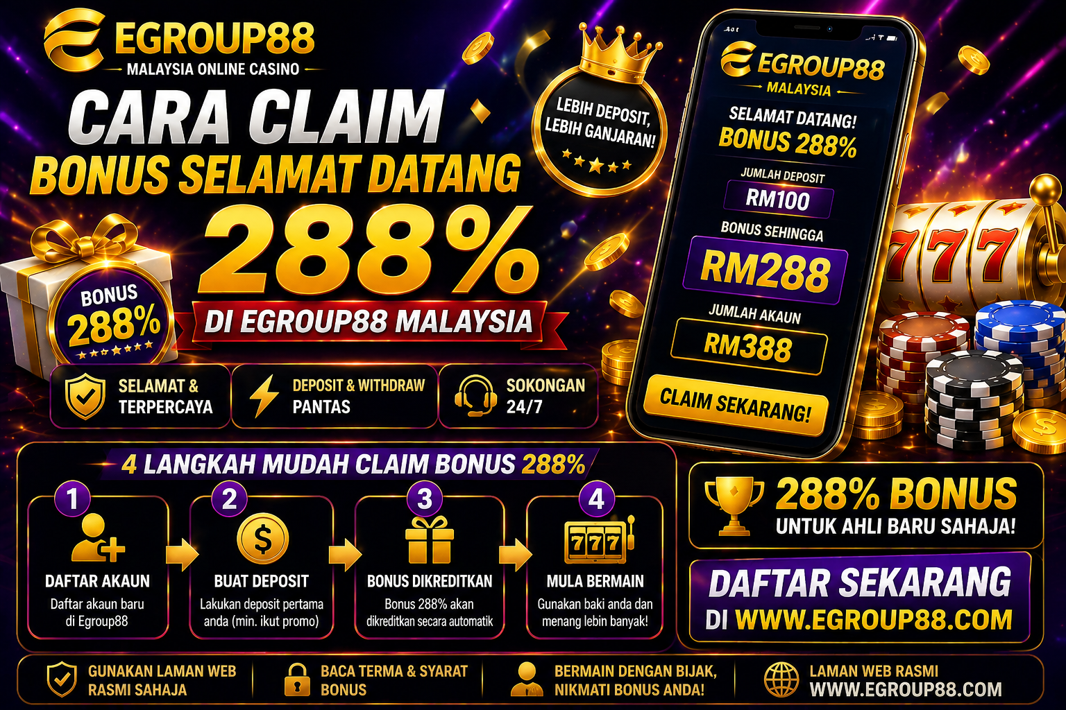 Cara Claim Bonus Selamat Datang 288% di Egroup88 Malaysia